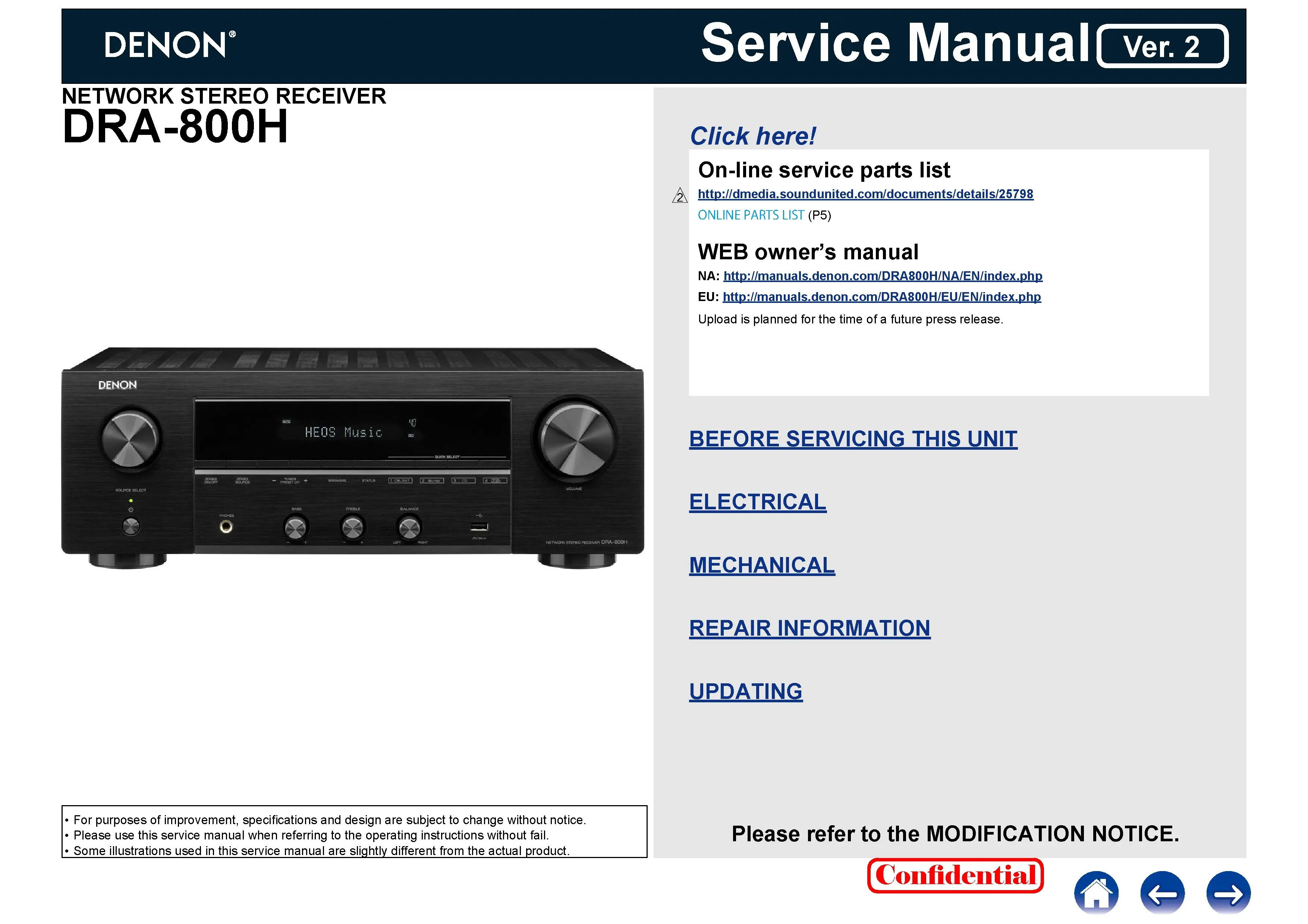 Denon dra 800h service manual cover with photo of the receiver, model type and code, manual contents.