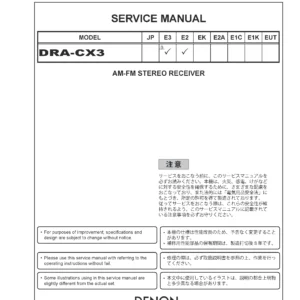 Denon dra cx3 service manual cover with photo of the receiver, model type and code, manual contents.