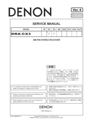 Denon dra cx3 service manual cover with photo of the receiver, model type and code, manual contents.