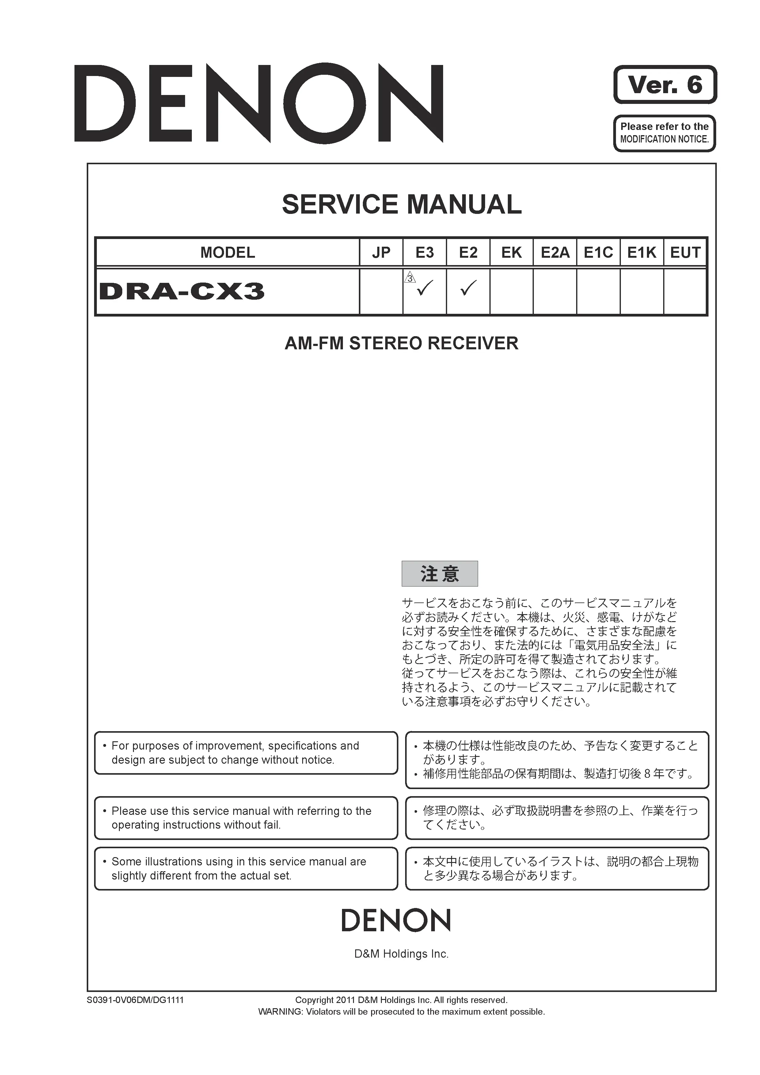 Denon dra cx3 service manual cover with photo of the receiver, model type and code, manual contents.