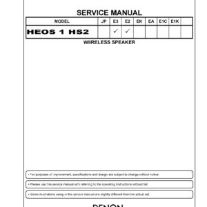 Denon heos 1 hs2 service manual cover with photo of the receiver, model type and code, manual contents.