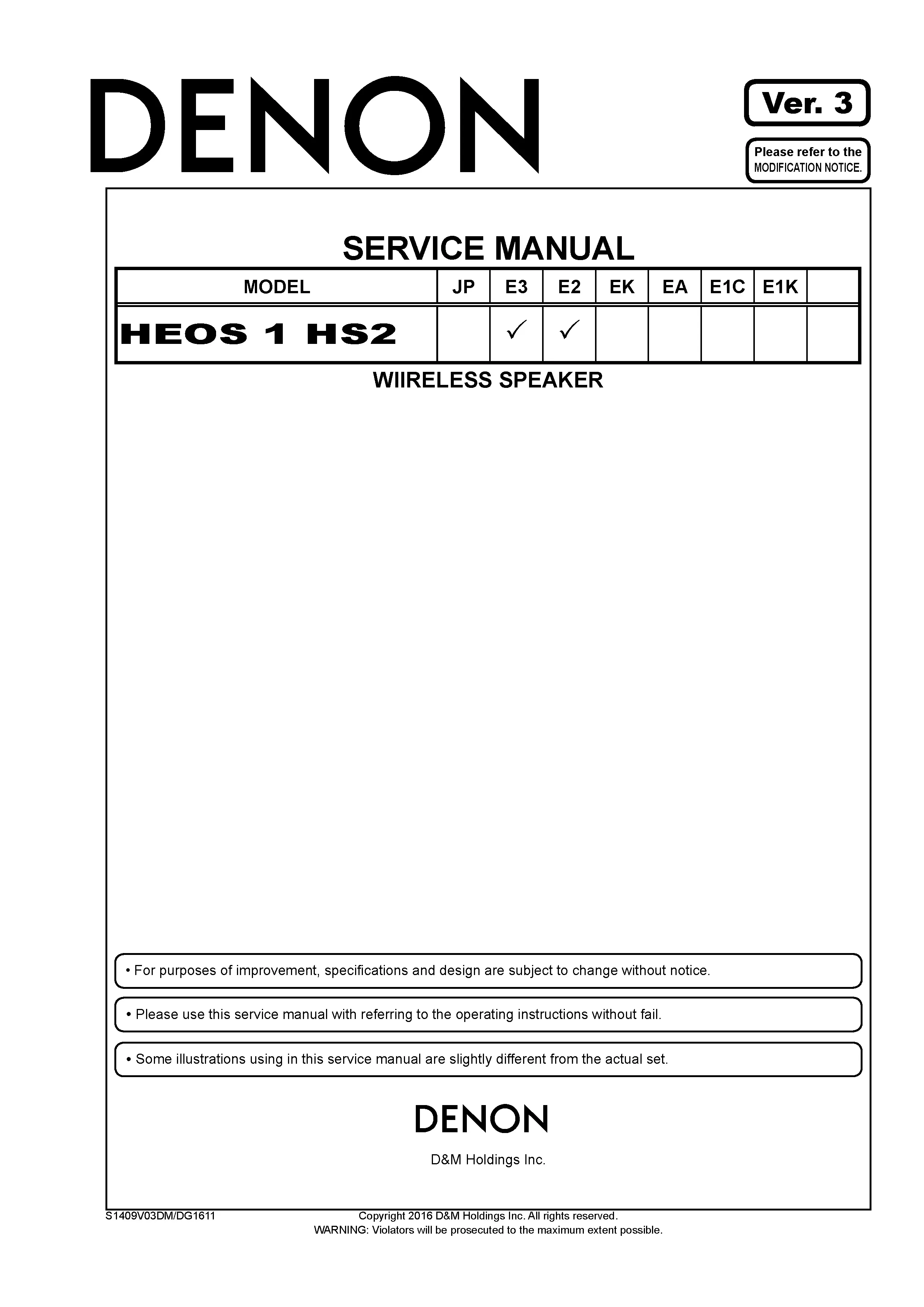 Denon heos 1 hs2 service manual cover with photo of the receiver, model type and code, manual contents.