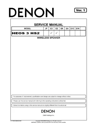 Denon heos 3 hs2 service manual cover with photo of the receiver, model type and code, manual contents.