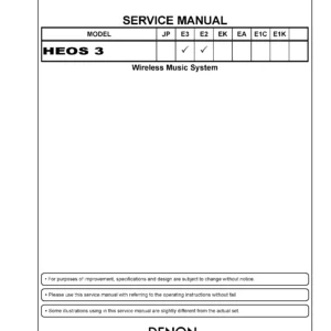 Denon heos 3 service manual cover with photo of the receiver, model type and code, manual contents.