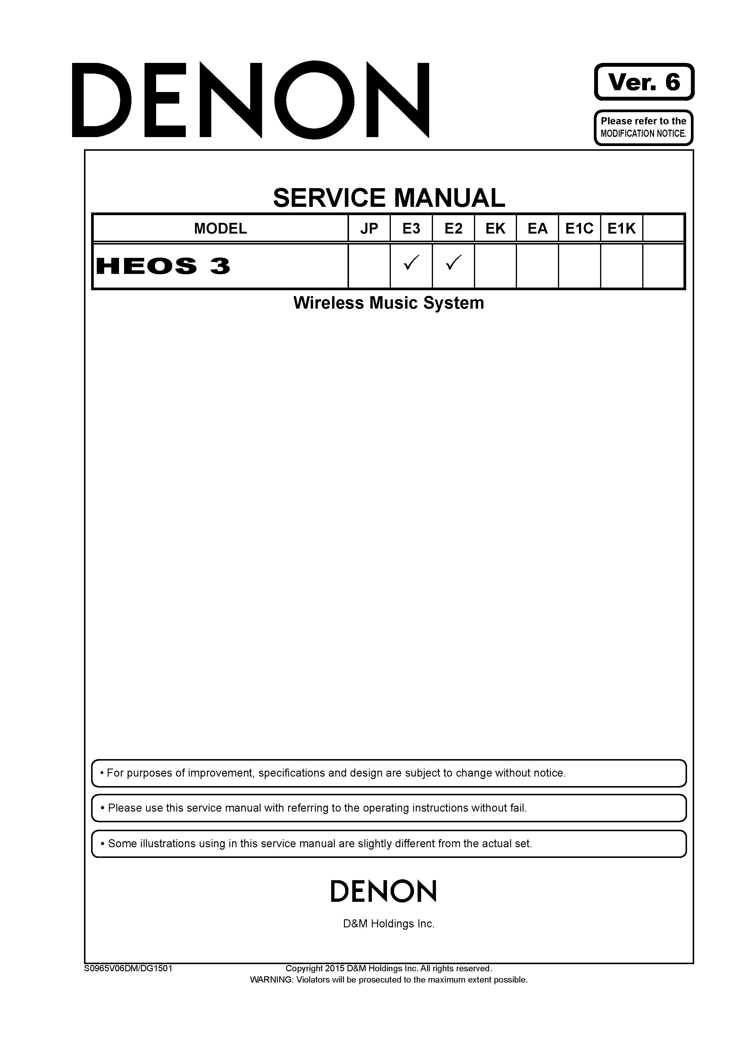 Denon heos 3 service manual cover with photo of the receiver, model type and code, manual contents.