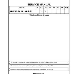 Denon heos 5 hs2 service manual cover with photo of the receiver, model type and code, manual contents.