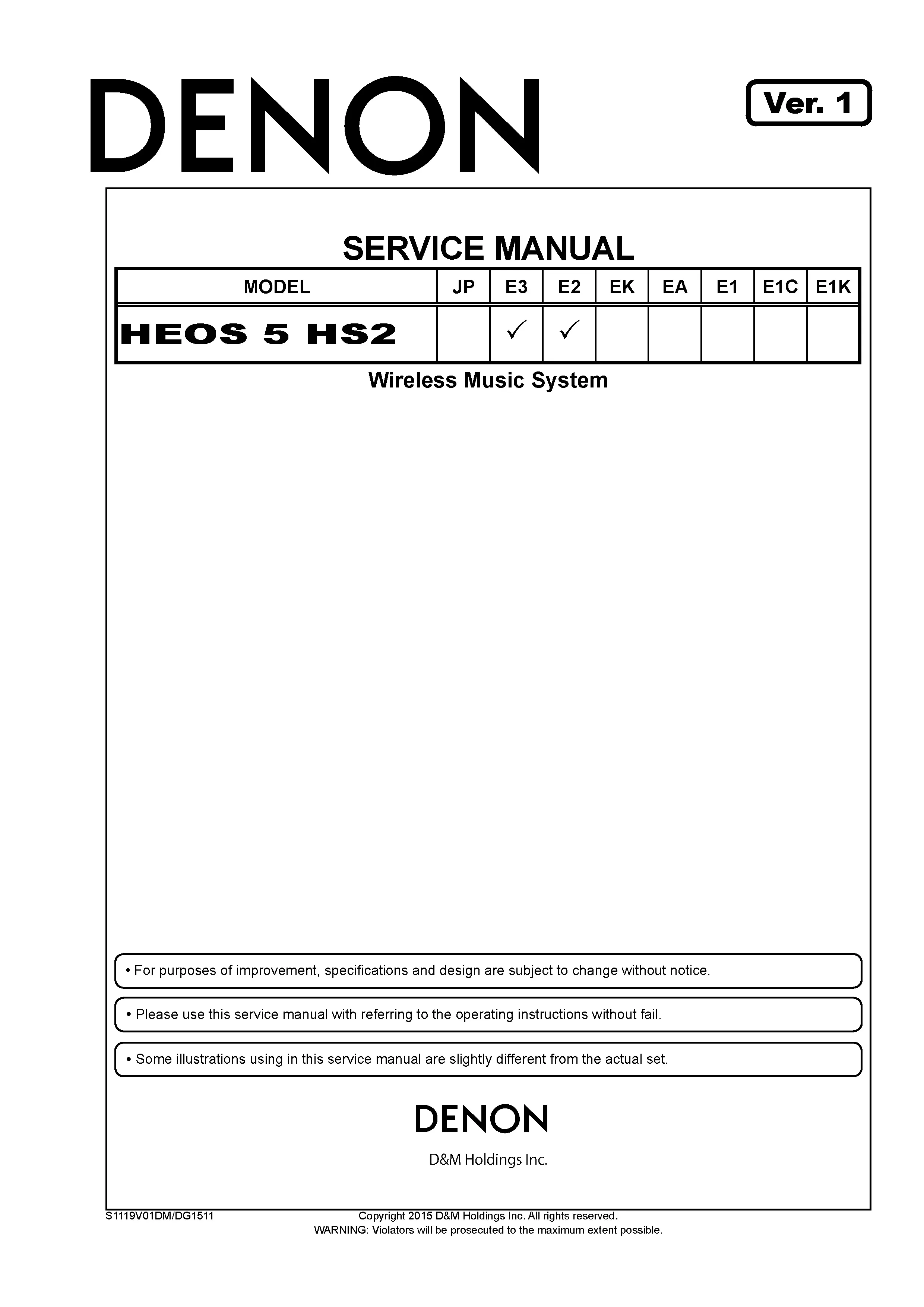 Denon heos 5 hs2 service manual cover with photo of the receiver, model type and code, manual contents.