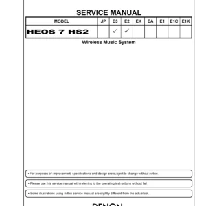Denon heos 7 hs2 service manual cover with photo of the receiver, model type and code, manual contents.