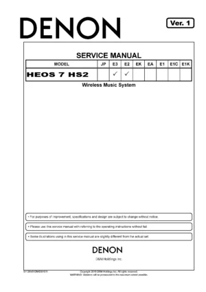 Denon heos 7 hs2 service manual cover with photo of the receiver, model type and code, manual contents.