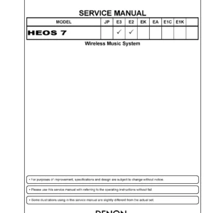 Denon heos 7 service manual cover with photo of the receiver, model type and code, manual contents.