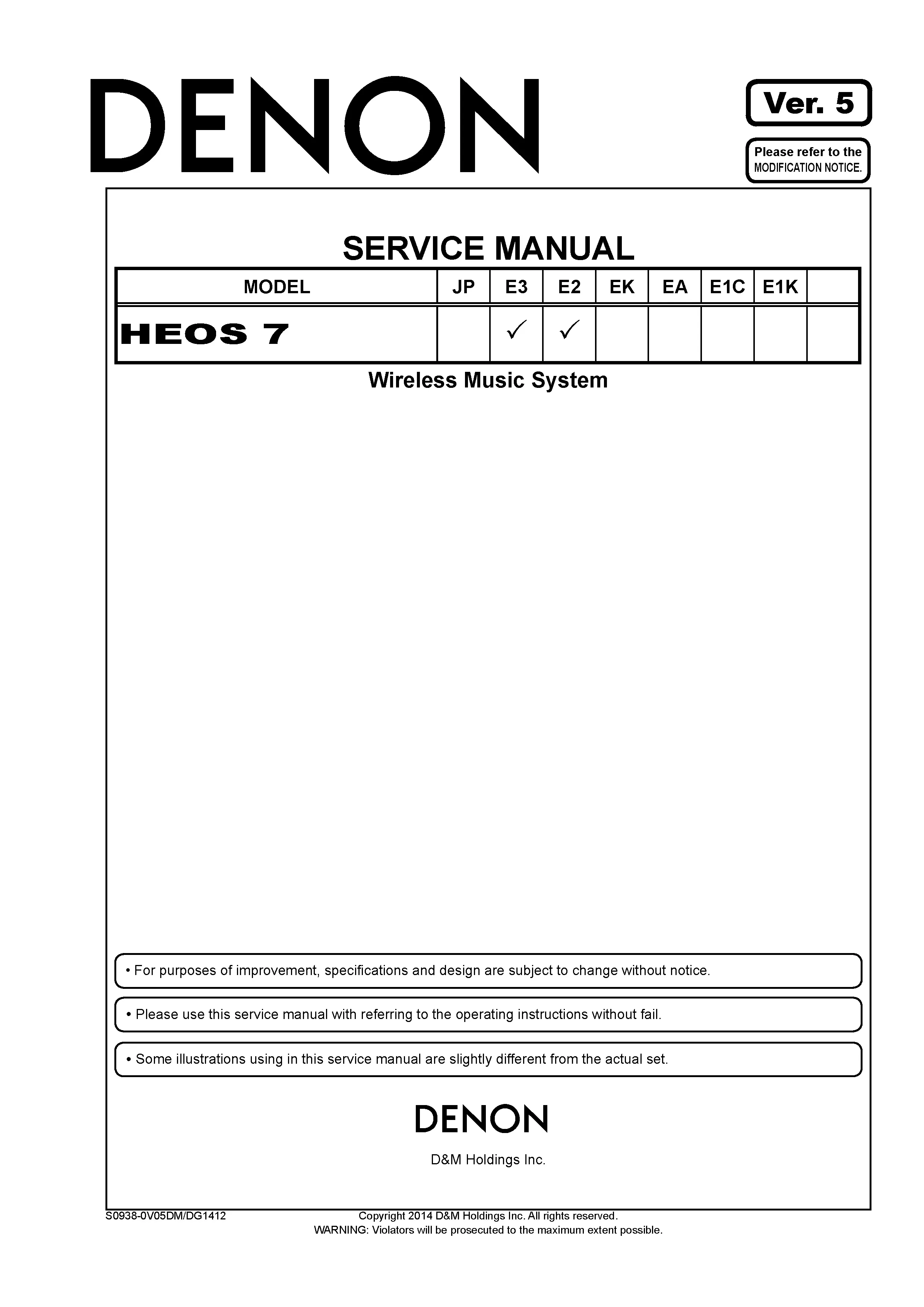 Denon heos 7 service manual cover with photo of the receiver, model type and code, manual contents.