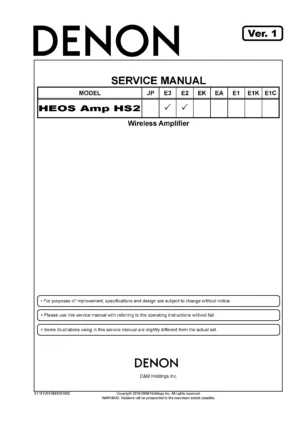 Denon heos amp hs2 service manual cover with photo of the receiver, model type and code, manual contents.