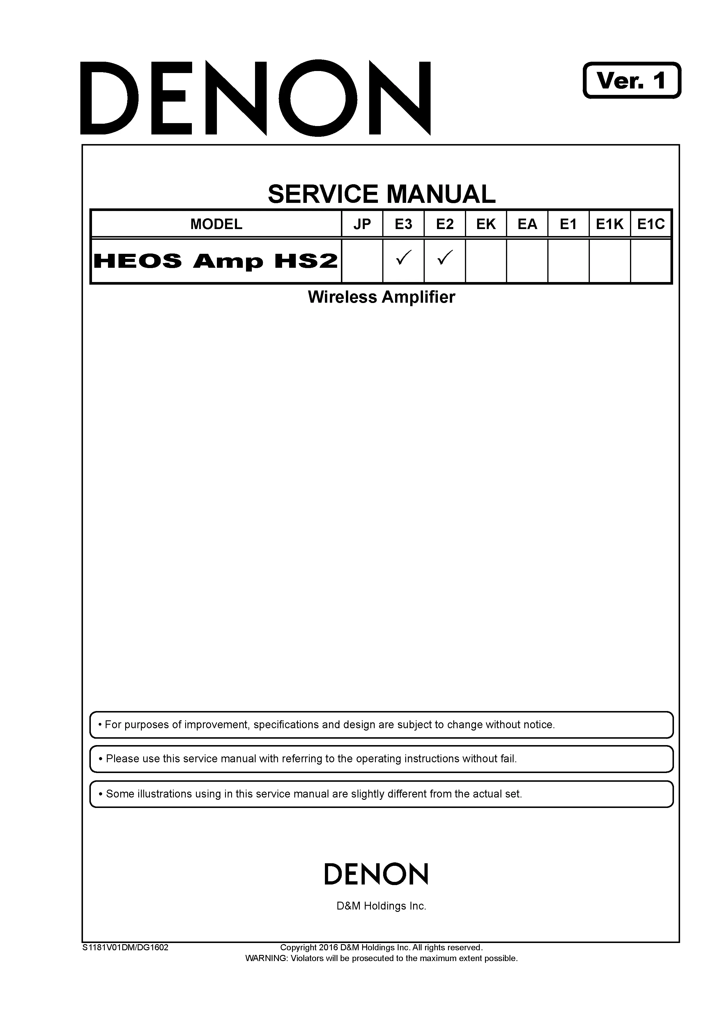 Denon heos amp hs2 service manual cover with photo of the receiver, model type and code, manual contents.