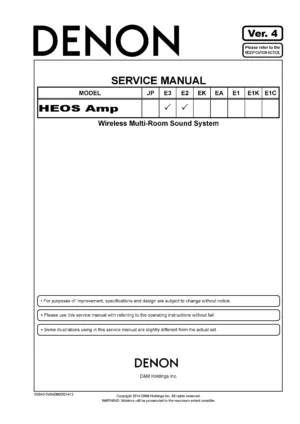 Denon heos amp service manual cover with photo of the receiver, model type and code, manual contents.