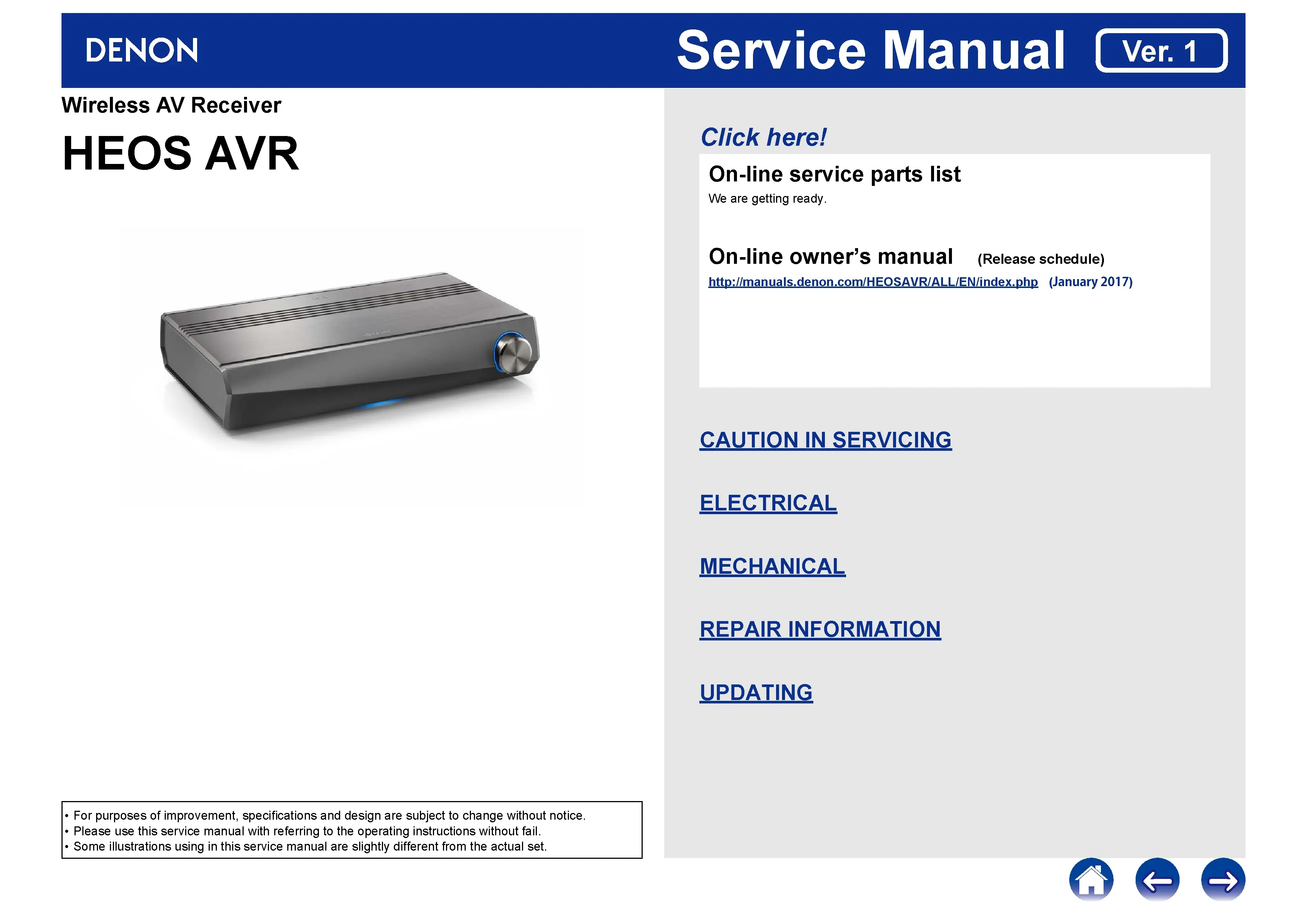 Denon heos avr wireless service manual cover with photo of the receiver, model type and code, manual contents.