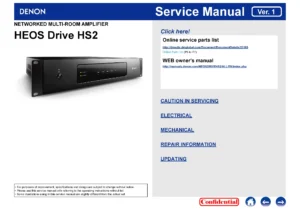 Denon heos drive hs2 service manual cover with photo of the receiver, model type and code, manual contents.