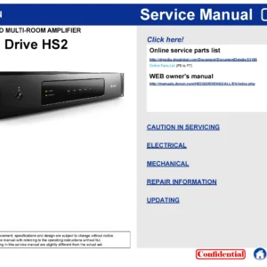 Denon heos drive hs2 service manual cover with photo of the receiver, model type and code, manual contents.