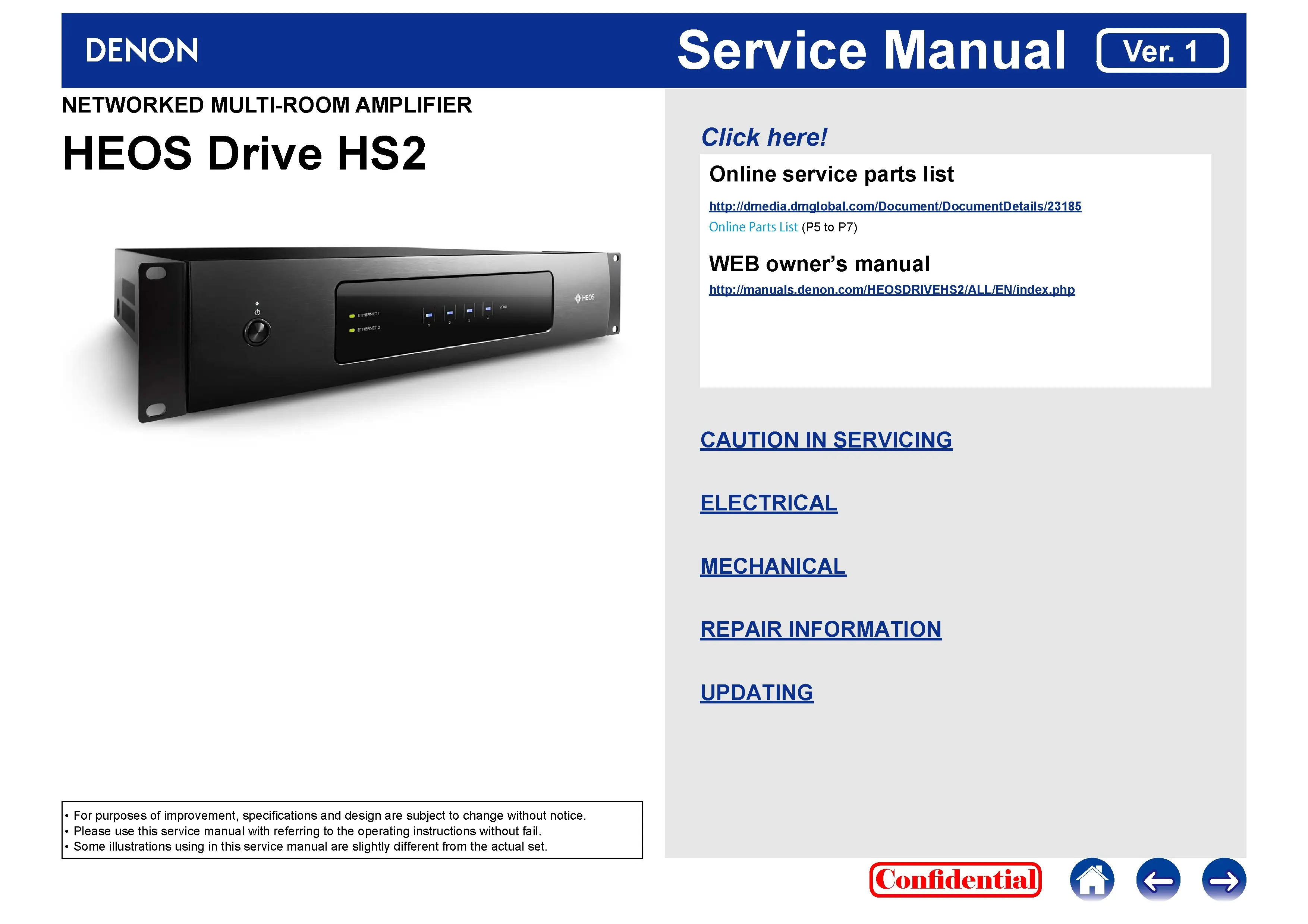 Denon heos drive hs2 service manual cover with photo of the receiver, model type and code, manual contents.