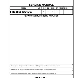 Denon heos drive service manual cover with photo of the receiver, model type and code, manual contents.