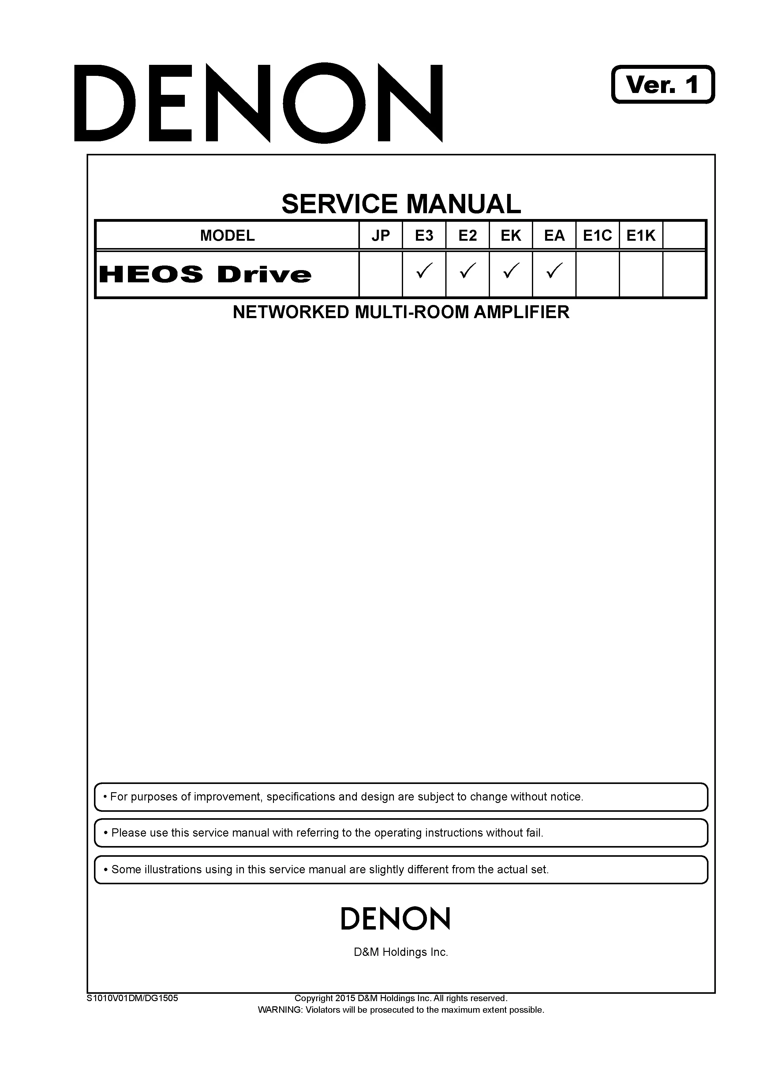 Denon heos drive service manual cover with photo of the receiver, model type and code, manual contents.
