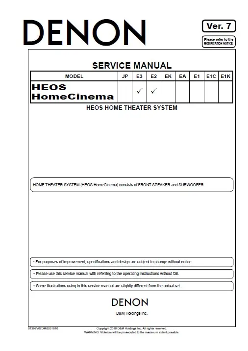 Denon heos homecinema service manual cover with photo of the receiver, model type and code, manual contents.