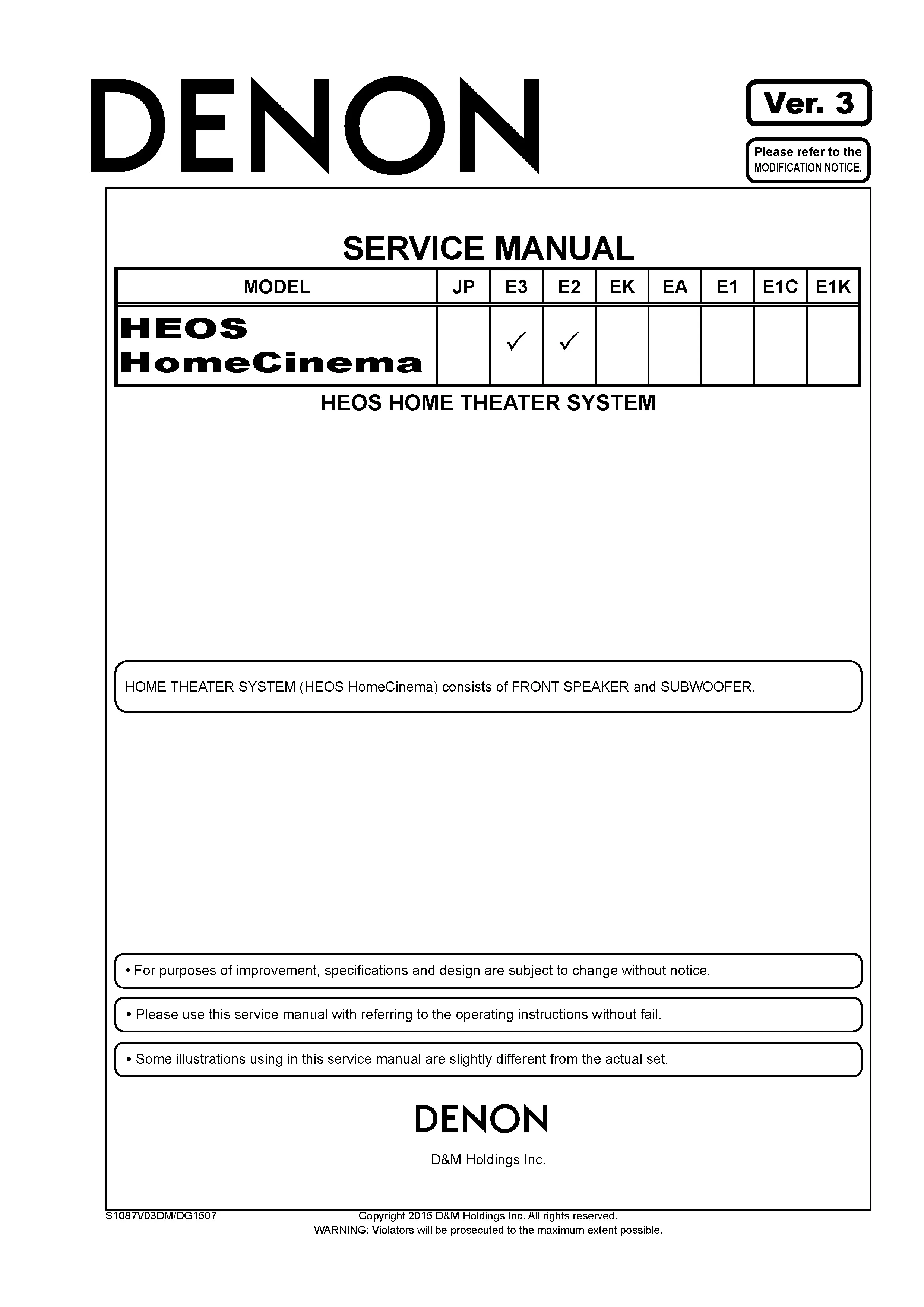 Denon heos homecinema service manual cover with photo of the receiver, model type and code, manual contents.