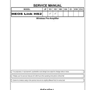 Denon heos link hs2 service manual cover with photo of the receiver, model type and code, manual contents.