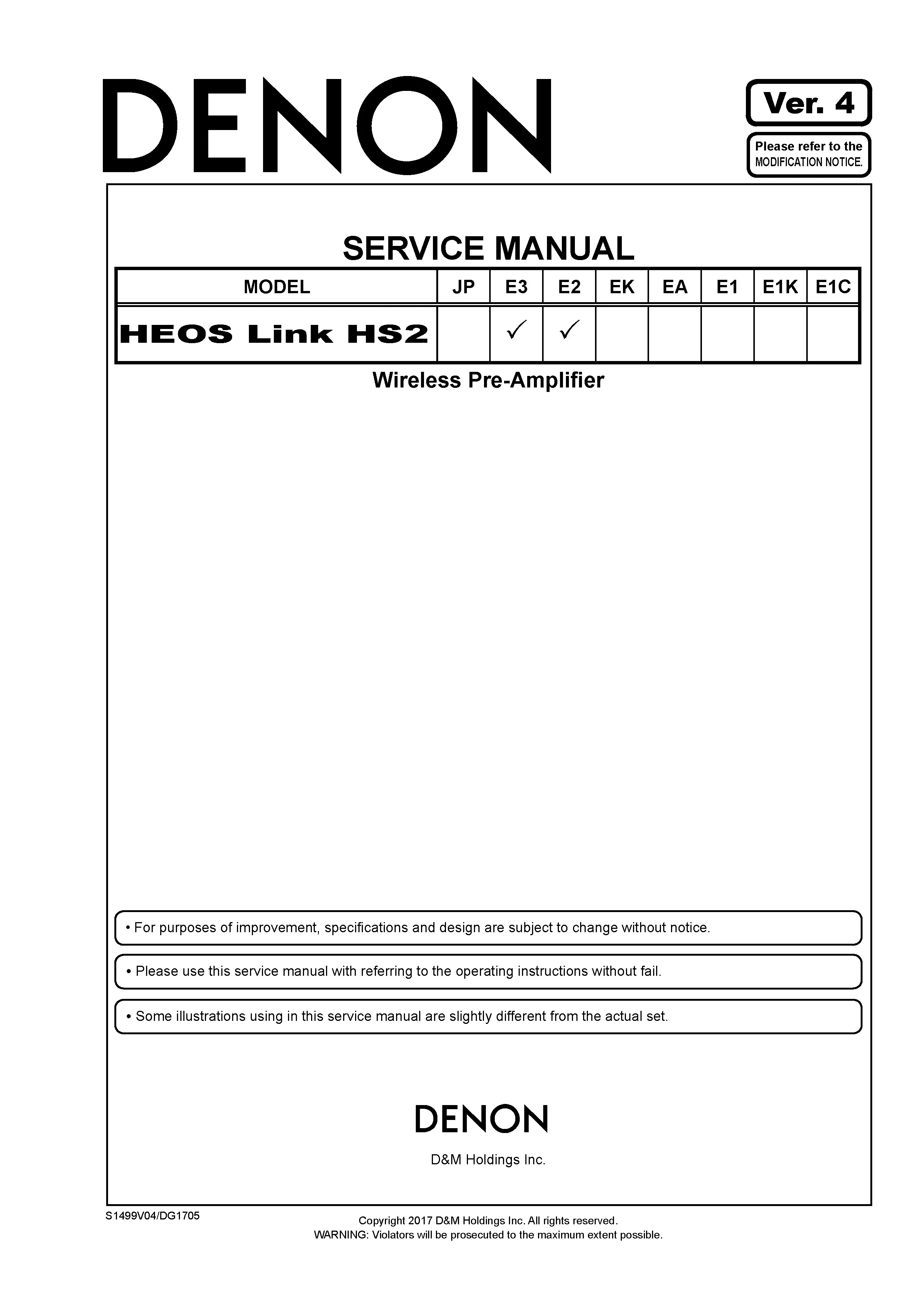 Denon heos link hs2 service manual cover with photo of the receiver, model type and code, manual contents.