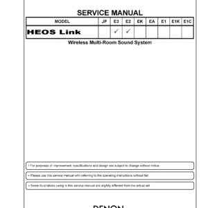 Denon heos link service manual cover with photo of the receiver, model type and code, manual contents.