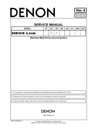 Denon heos link service manual cover with photo of the receiver, model type and code, manual contents.