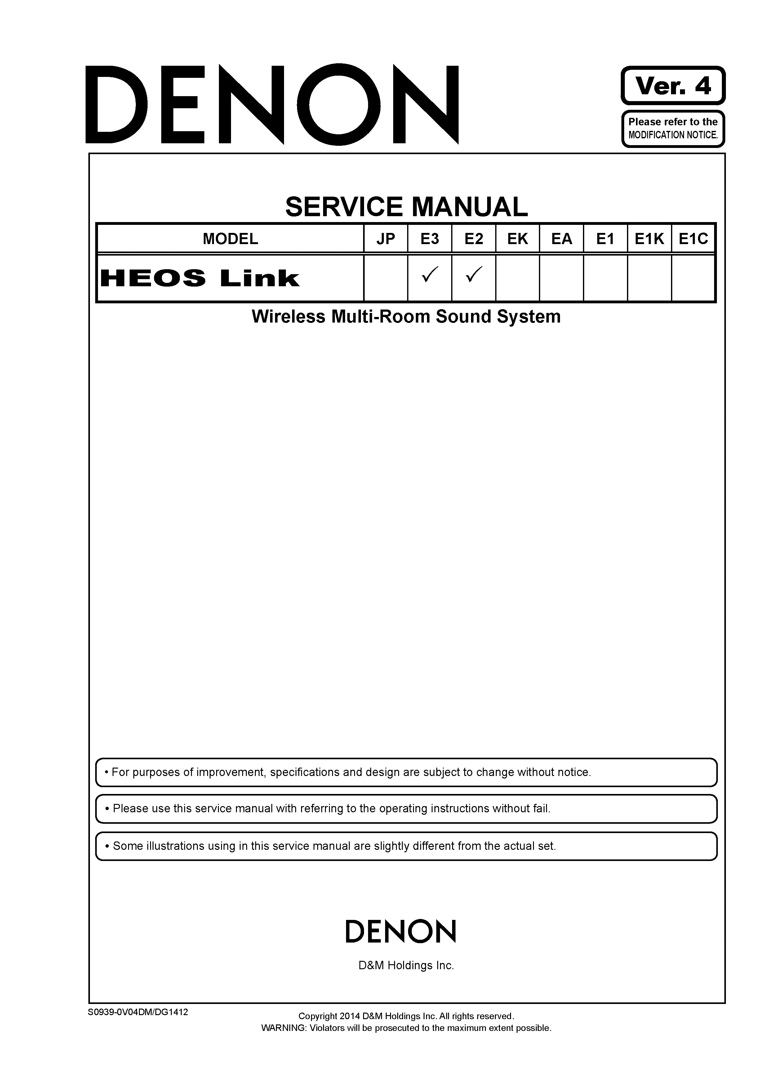 Denon heos link service manual cover with photo of the receiver, model type and code, manual contents.