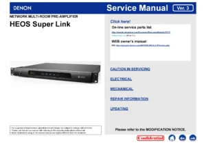Denon heos super link service manual cover with photo of the receiver, model type and code, manual contents.