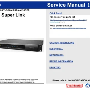 Denon heos super link service manual cover with photo of the receiver, model type and code, manual contents.