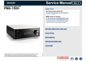 Denon pma 150h service manual cover with photo of the receiver, model type and code, manual contents.