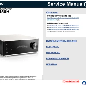 Denon pma 150h service manual cover with photo of the receiver, model type and code, manual contents.