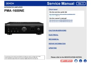 Denon pma 1600ne service manual cover with photo of the receiver, model type and code, manual contents.
