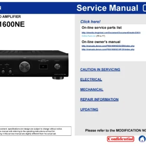 Denon pma 1600ne service manual cover with photo of the receiver, model type and code, manual contents.