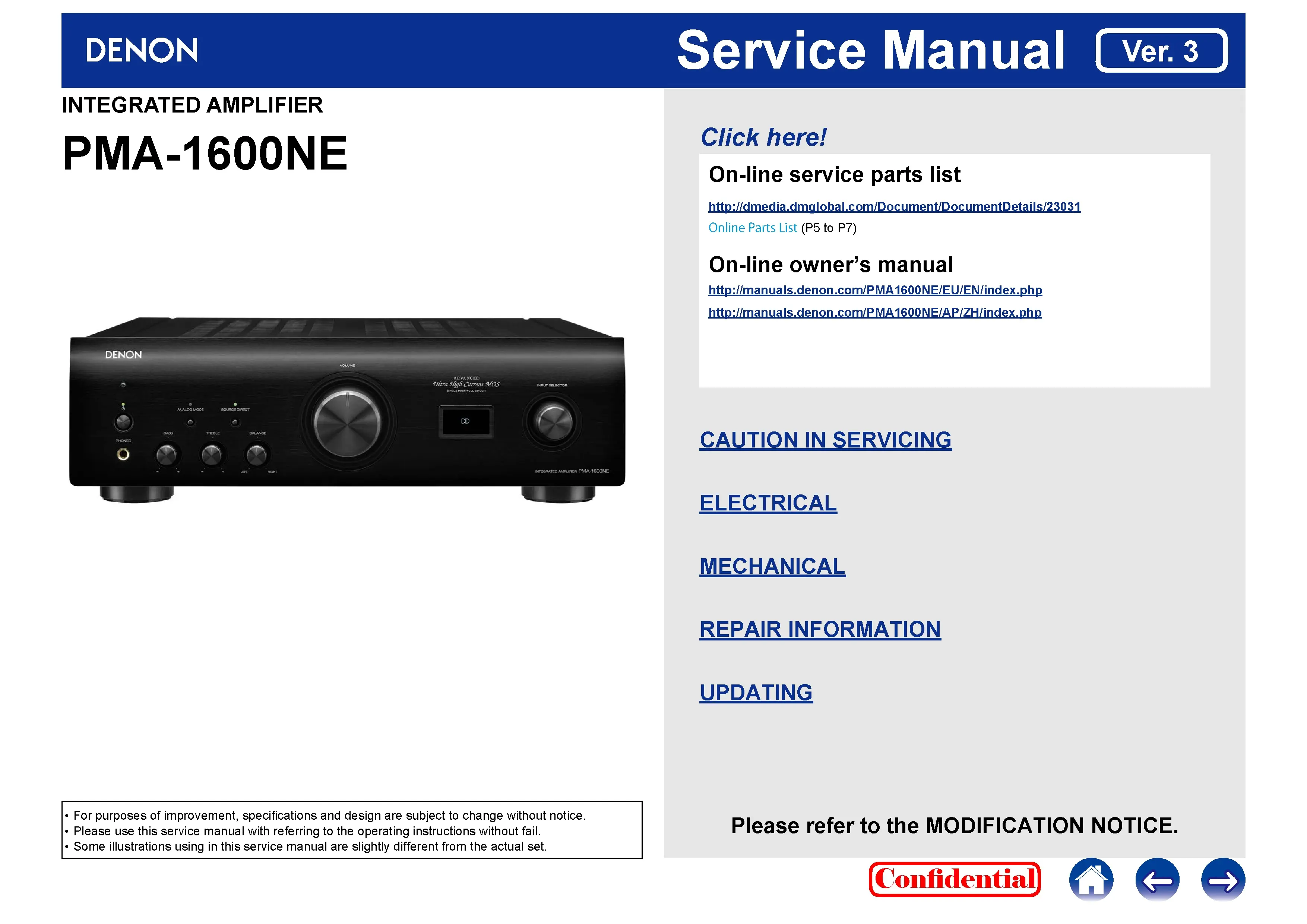 Denon pma 1600ne service manual cover with photo of the receiver, model type and code, manual contents.
