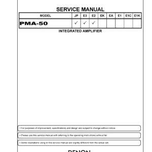 Denon pma 50 service manual cover with photo of the receiver, model type and code, manual contents.
