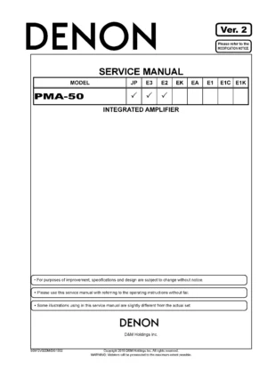Denon pma 50 service manual cover with photo of the receiver, model type and code, manual contents.