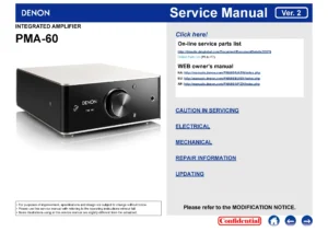 Denon pma 60 service manual cover with photo of the receiver, model type and code, manual contents.