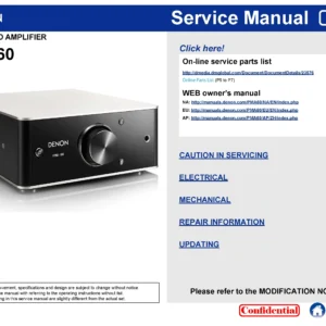 Denon pma 60 service manual cover with photo of the receiver, model type and code, manual contents.