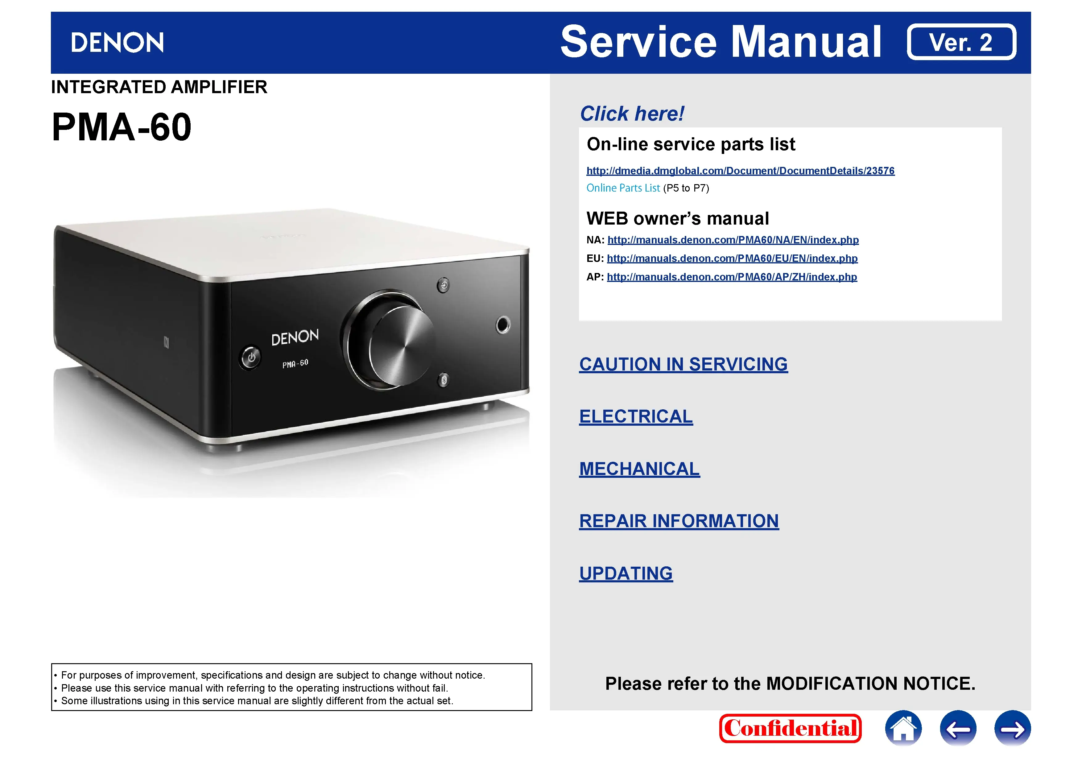 Denon pma 60 service manual cover with photo of the receiver, model type and code, manual contents.