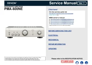 Denon pma 600ne service manual cover with photo of the receiver, model type and code, manual contents.