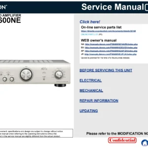 Denon pma 600ne service manual cover with photo of the receiver, model type and code, manual contents.