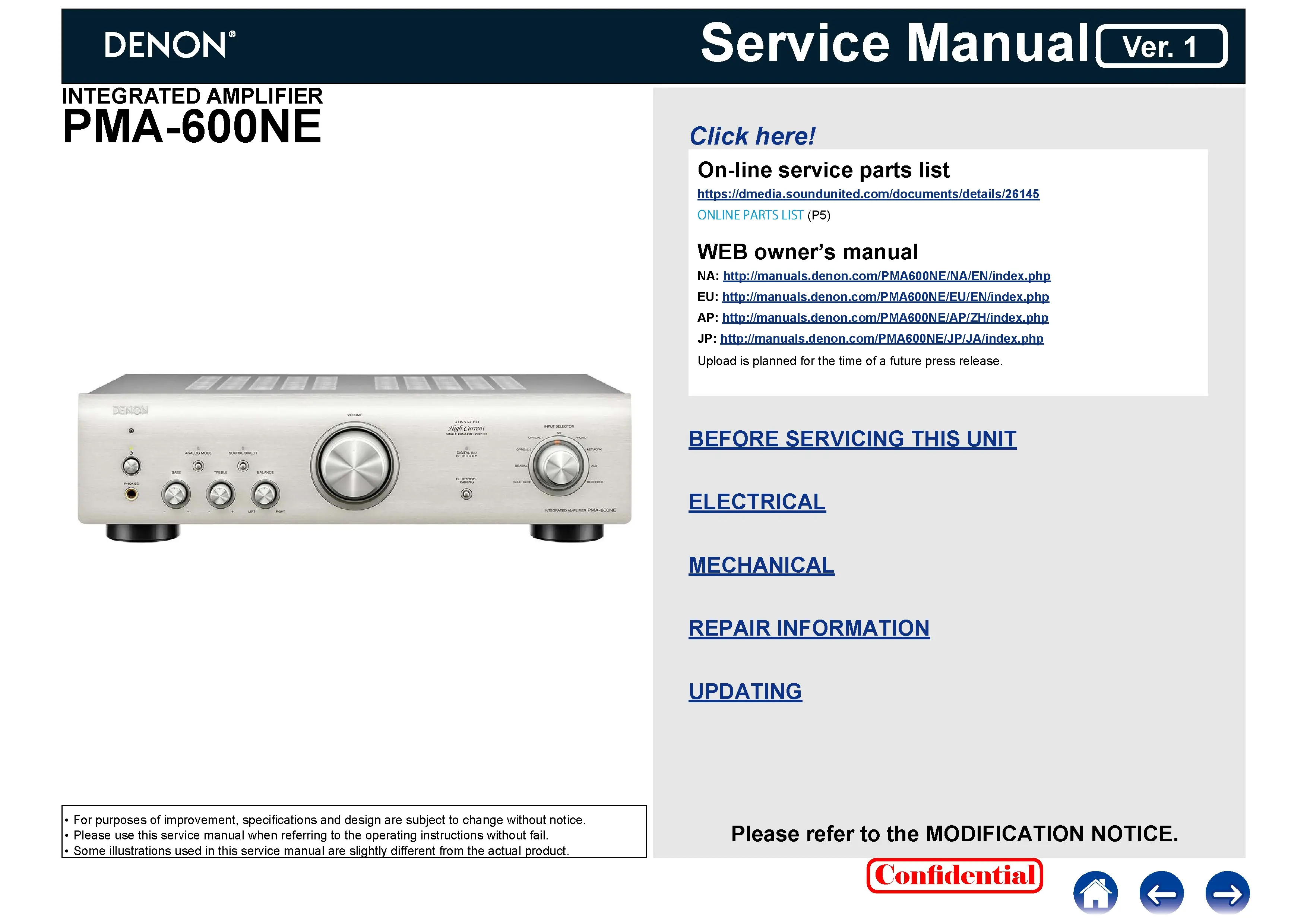 Denon pma 600ne service manual cover with photo of the receiver, model type and code, manual contents.