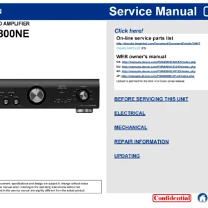Denon pma 800ne service manual cover with photo of the receiver, model type and code, manual contents.