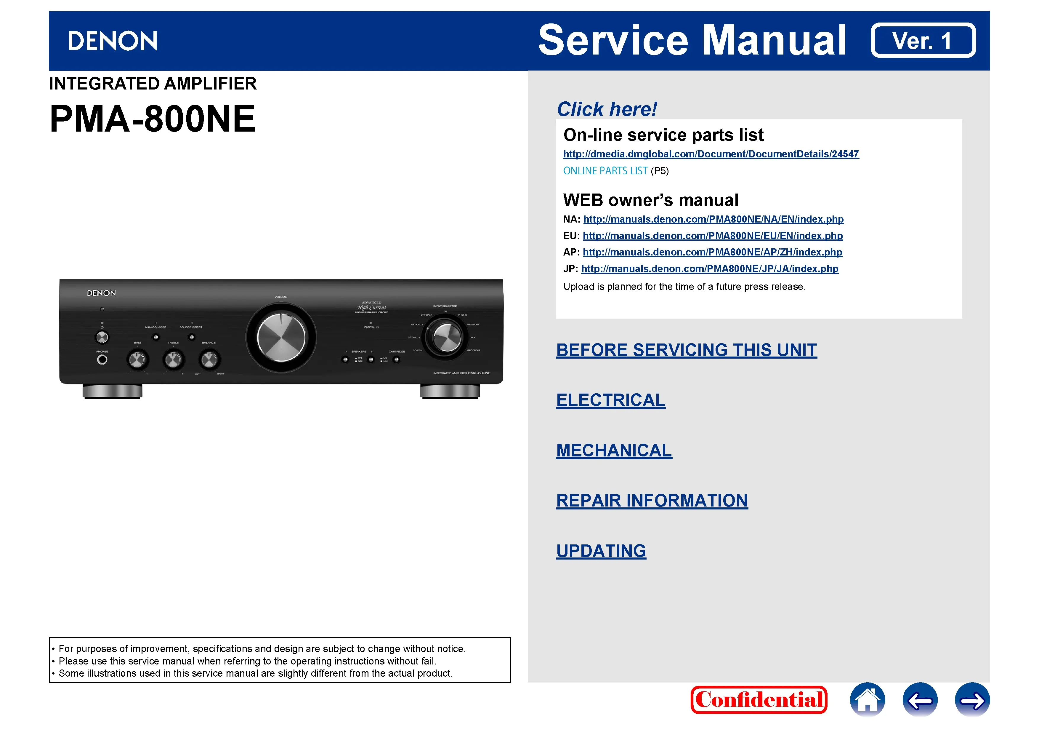 Denon pma 800ne service manual cover with photo of the receiver, model type and code, manual contents.