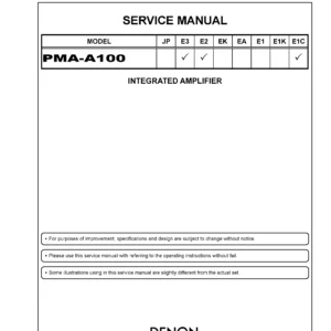Denon pma a100 service manual cover with photo of the receiver, model type and code, manual contents.