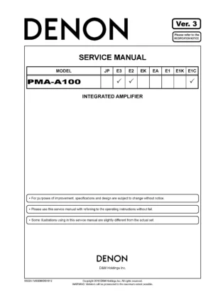 Denon pma a100 service manual cover with photo of the receiver, model type and code, manual contents.